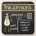 Postcard Chalkboard Vintage Christmas Snowman Coaster<br><div class="desc">Featuring a vintage styled postcard designs with an old fashion snowman in green holding a birdhouse. Great for your Christmas decorating. 3 different styles available. ⭐This Product is 100% Customisable. Graphics and / or text can be added, deleted, moved, resized, changed around, rotated, etc... 99% of my designs in my...</div>