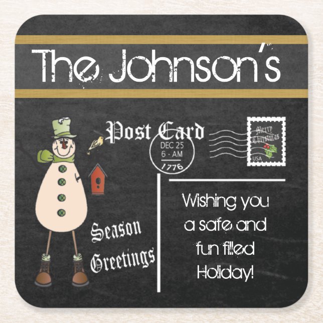 Postcard Chalkboard Vintage Christmas Snowman Square Paper Coaster (Front)