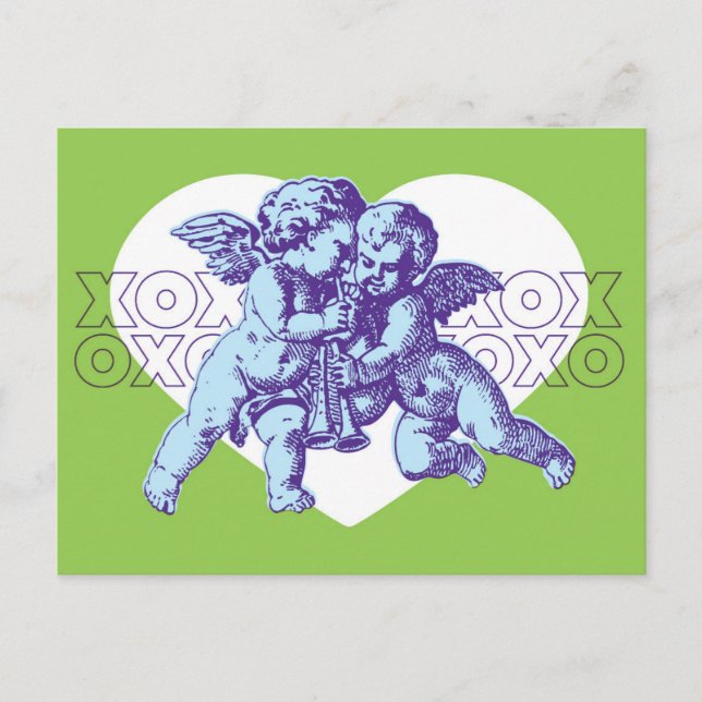 Postcard Cupid Valentine, Blue Purple Green (Front)