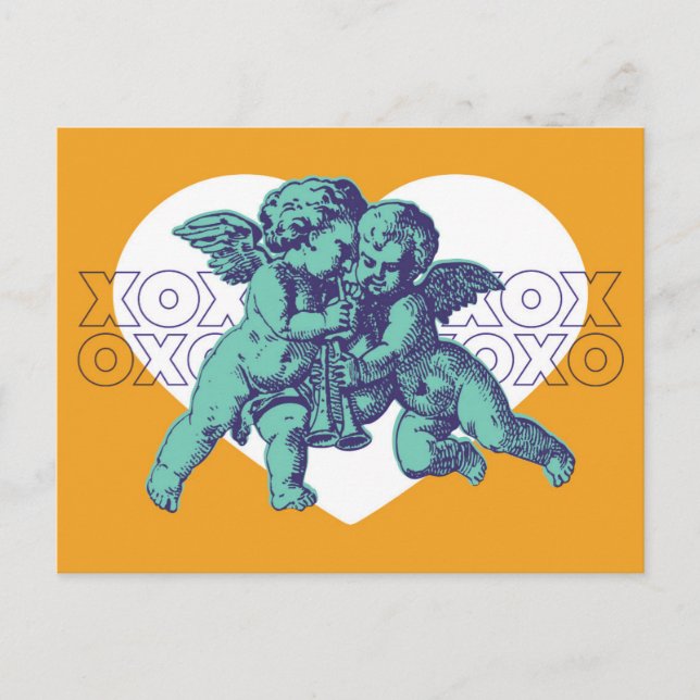 Postcard Cupid Valentine, Teal Purple Orange (Front)