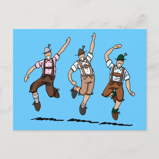 Postcard Dancing Bavarian Lederhosen Men (Front)