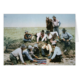 Postcard depicting cowboys gambling shooting craps