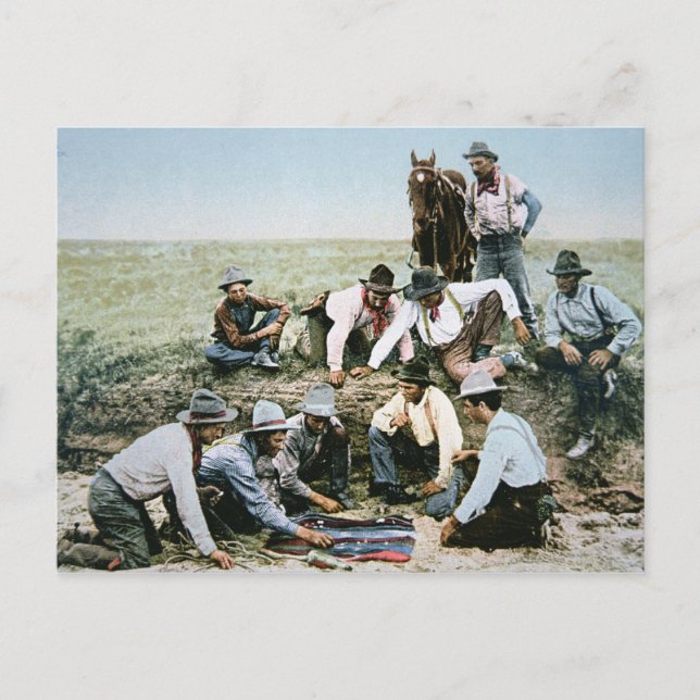 Postcard depicting cowboys gambling shooting craps (Front)