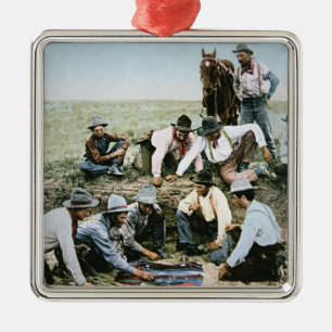 Postcard depicting cowboys gambling shooting craps metal tree decoration