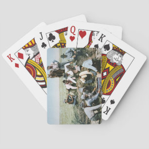 Postcard depicting cowboys gambling shooting craps playing cards