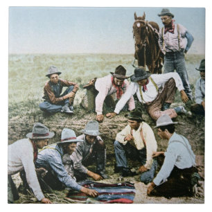 Postcard depicting cowboys gambling shooting craps tile