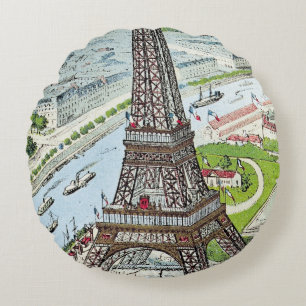 Postcard depicting the Eiffel Tower Round Cushion