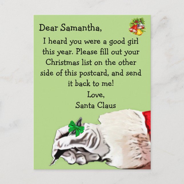 "Postcard from Santa Claus" for child Holiday Postcard (Front)