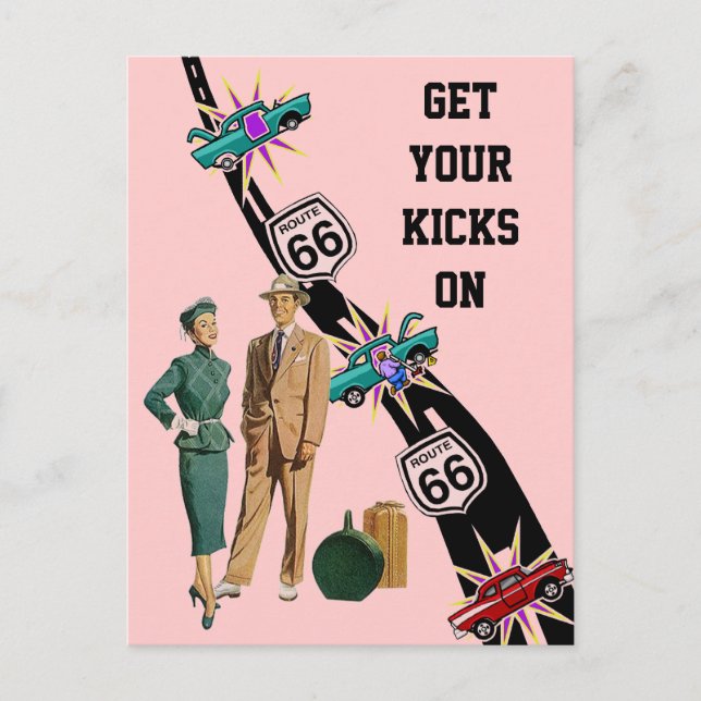 Postcard GET YOUR KICKS ON ROUTE 66 Retro Style (Front)