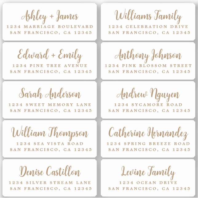 Postcard Gold Calligraphy Guest Address Labels (Front)