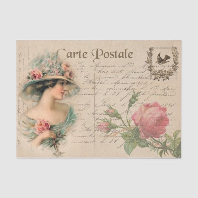 Postcard Illustration/Victorian Lady With Roses Tissue Paper (Front)