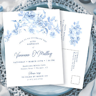 POSTCARD INVITE 65th Birthday Dusty Blue Floral