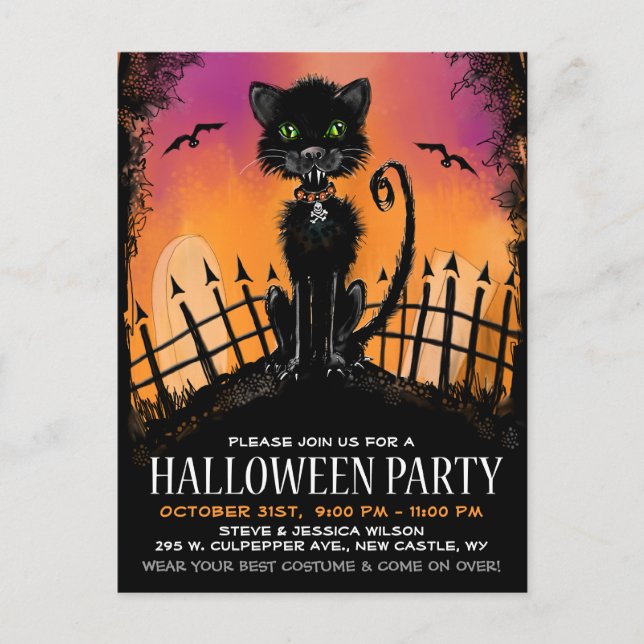 Postcard Invite - Black Halloween Cat in Graveyard (Front)