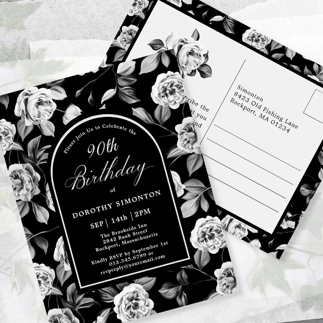 Postcard Invite Black White Floral 90th Birthday (Creator Uploaded)