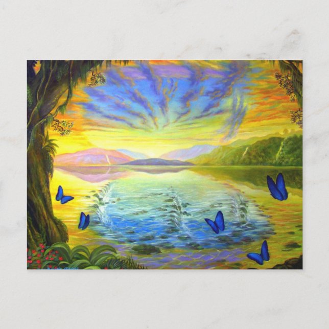 Postcard Landscape With Butterflies And River (Front)