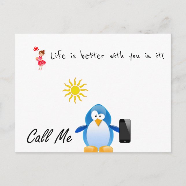 Postcard Love Penguin Call me, Life is better with (Front)