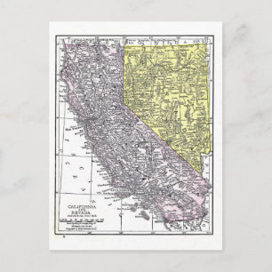 Postcard:  Map of California and Nevada, 1921 Postcard
