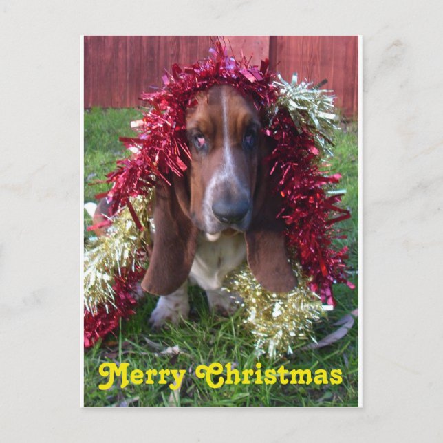 Postcard Merry Christmas Basset Hound In Garland (Front)