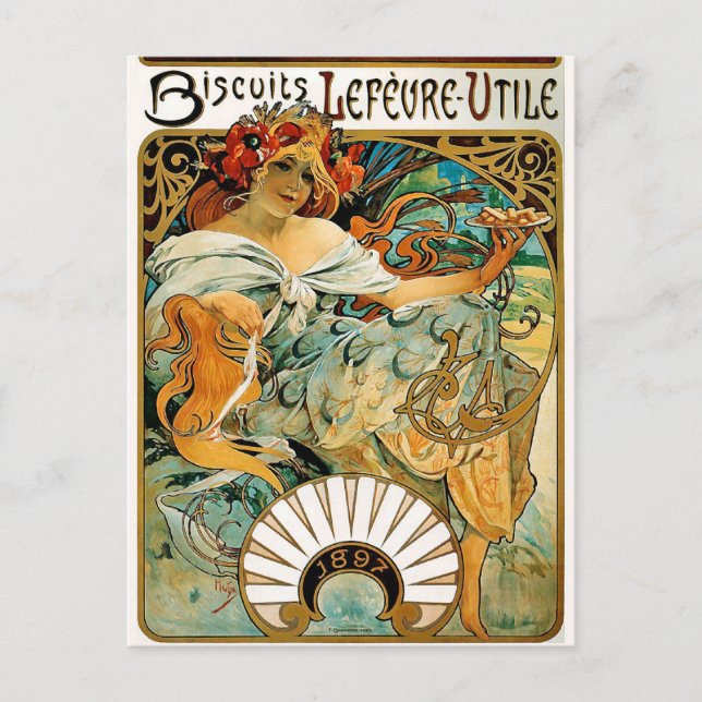 Postcard: Mucha - Biscuits Lefevre Utile Postcard (Front)