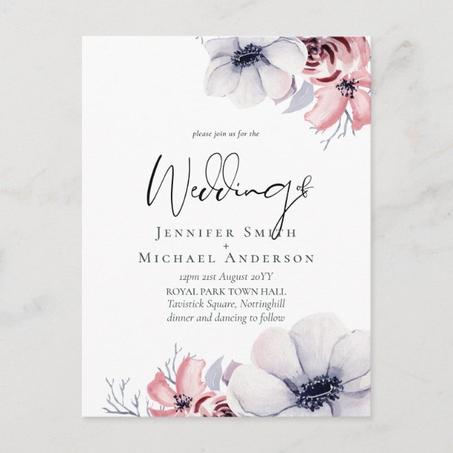 Postcard Navy Blue Coral Floral Script Wedding Set (Front)