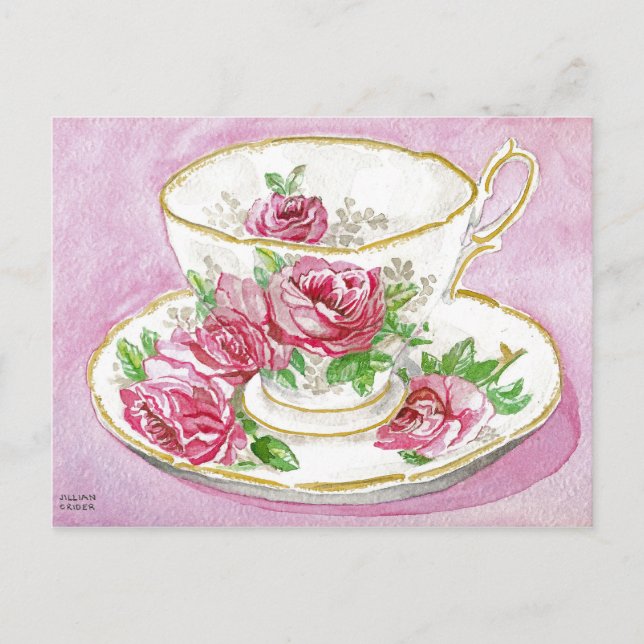 Postcard - Pink Floral Rose Watercolor Teacup (Front)