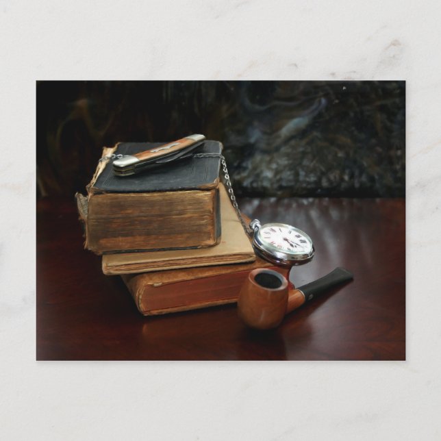 POSTCARD: Pipe smoking and vintage books Postcard (Front)