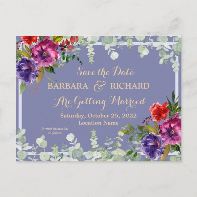 Postcard Purple Floral Watercolor Save Date (Front)