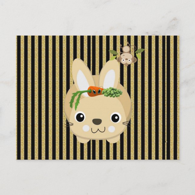 Postcard Rabbit Monkey Brown Stripe Carrots Peas (Front)