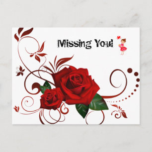 Postcard Red Rose Red Hearts Missing youI