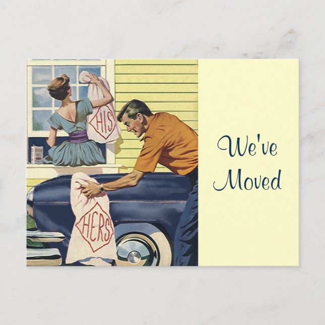 Postcard Retro Couple We've Moved His Her & Home (Front)