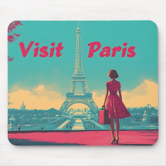 Postcard Retro Eiffel Tower Travel Illustration Mouse Mat (Front)