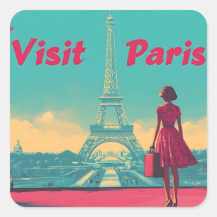 Postcard Retro Eiffel Tower Travel Illustration Square Sticker