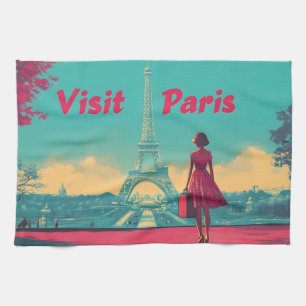 Postcard Retro Eiffel Tower Travel Illustration Tea Towel