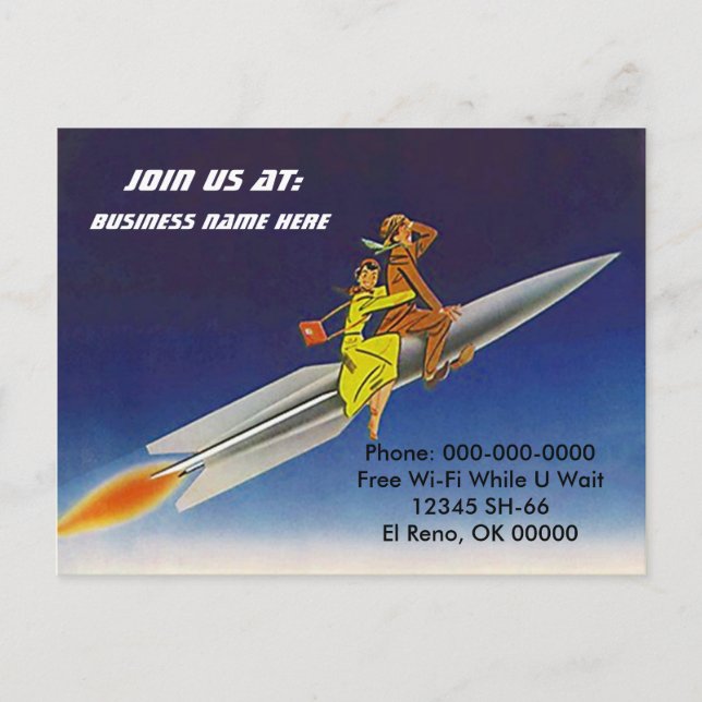 Postcard Retro Rocket Ship Riders Sky Riding PC (Front)