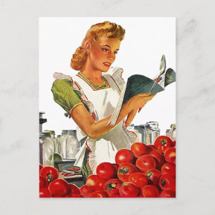 Postcard Retro Stylish Gal In Her Kitchen Canning