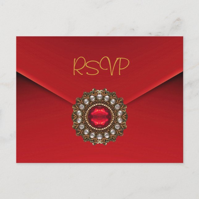 Postcard RSVP Invitation Red Gold Jewel (Front)
