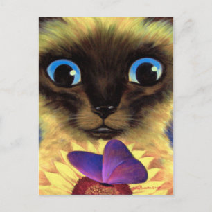 Postcard Siamese Cat Painting With Butterfly Art