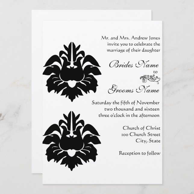 Postcard Size Black Damask Wedding Invitations (Front/Back)