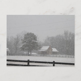 Postcard  Snow falling on a farm.