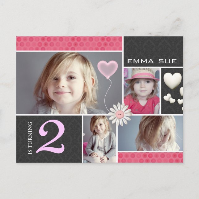 Postcard-Style Damask Hearts Party Invitations (Front)