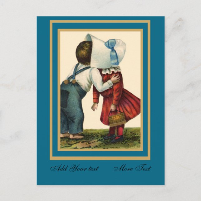 Postcard Vintage Cute Children Kissing Teal (Front)