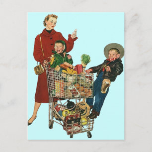 Postcard Vintage Grocery Shopping Family PC