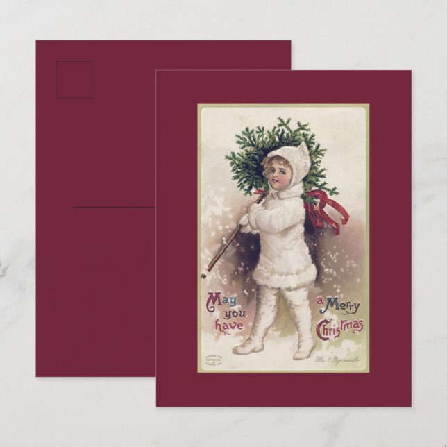 POSTCARD : VINTAGE : LITTLE GIRL + CHRISTMAS TREE  (Front/Back)