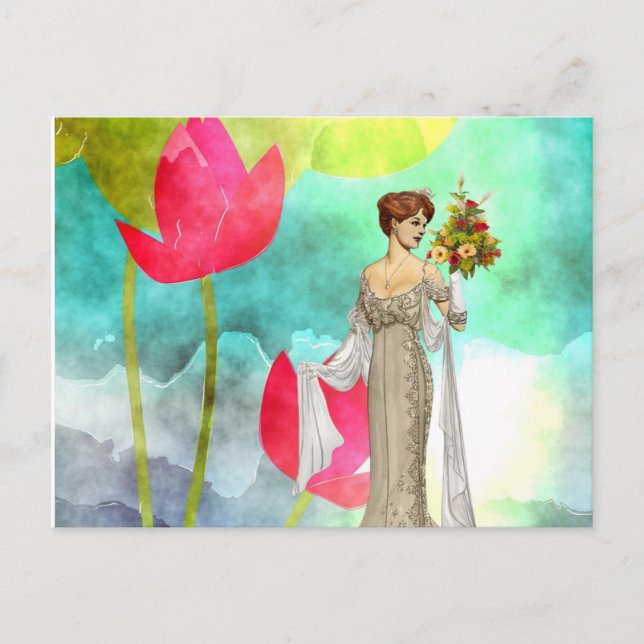 Postcard Vintage Woman Floral (Front)