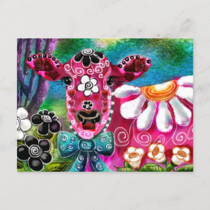 Postcard Whimsical Abstract Floral Pink Cow