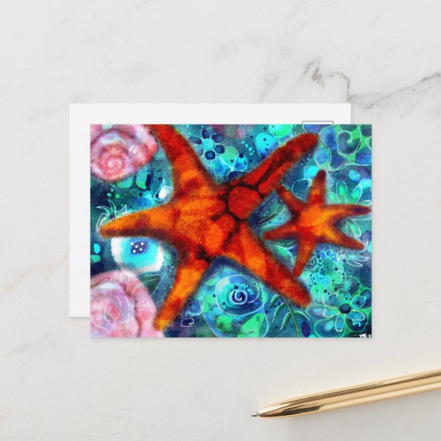 Postcard - Whimsical Starfish Seashells Beach Art (Front/Back In Situ)