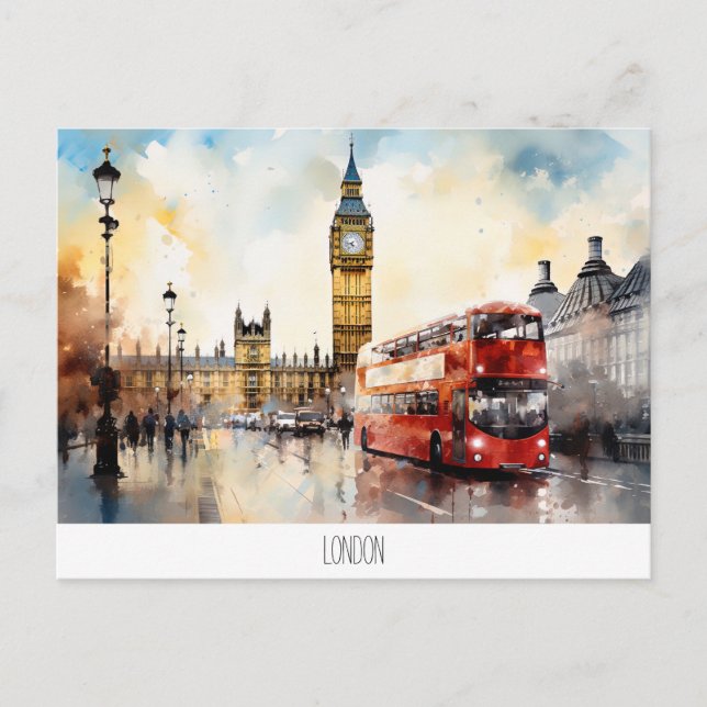 Postcard with Big Ben and red bus in London (Front)