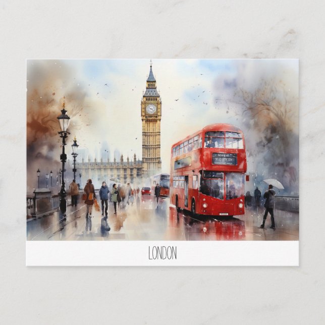 Postcard with Big Ben and red bus in London (Front)