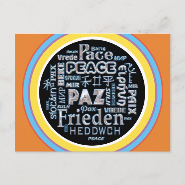 Postcard with chrome peace in multiple languages (Front)