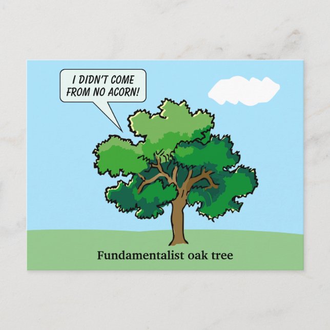 Postcard with Fundamentalist Oak Tree Cartoon (Front)